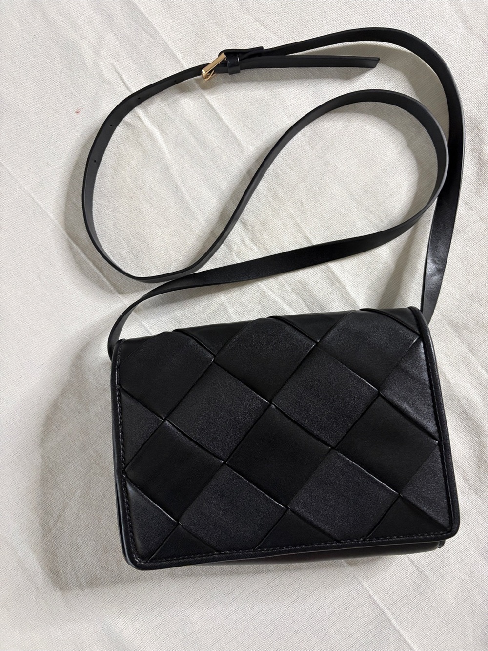 H&M Black Quilted Woven Crossbody Bag with Slim Strap